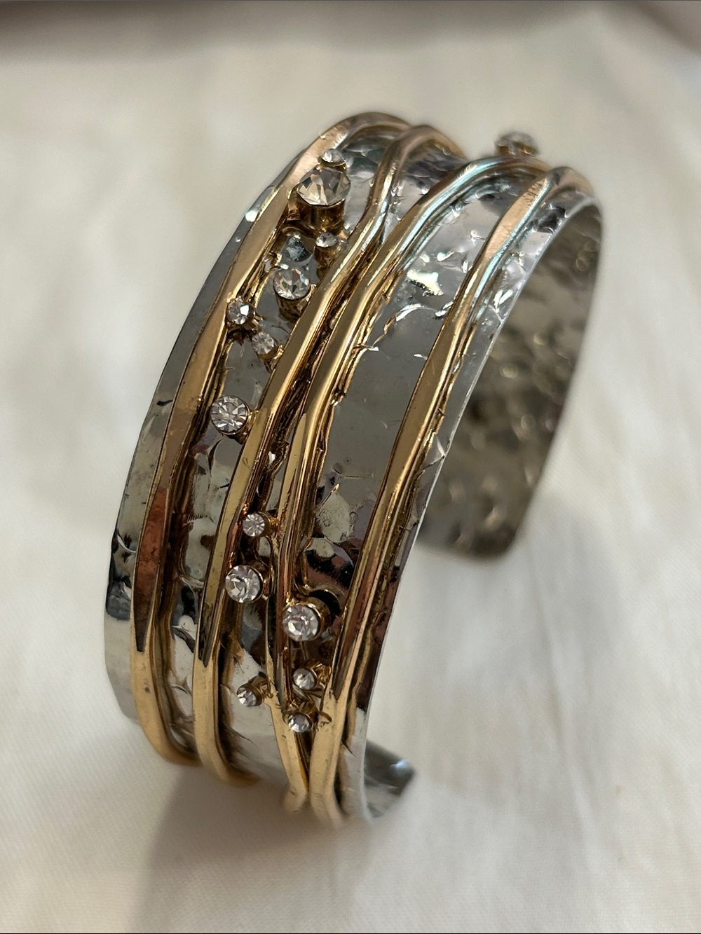 Two-Tone Hammered Cuff Bracelet with Crystal Accents - Silver & Gold